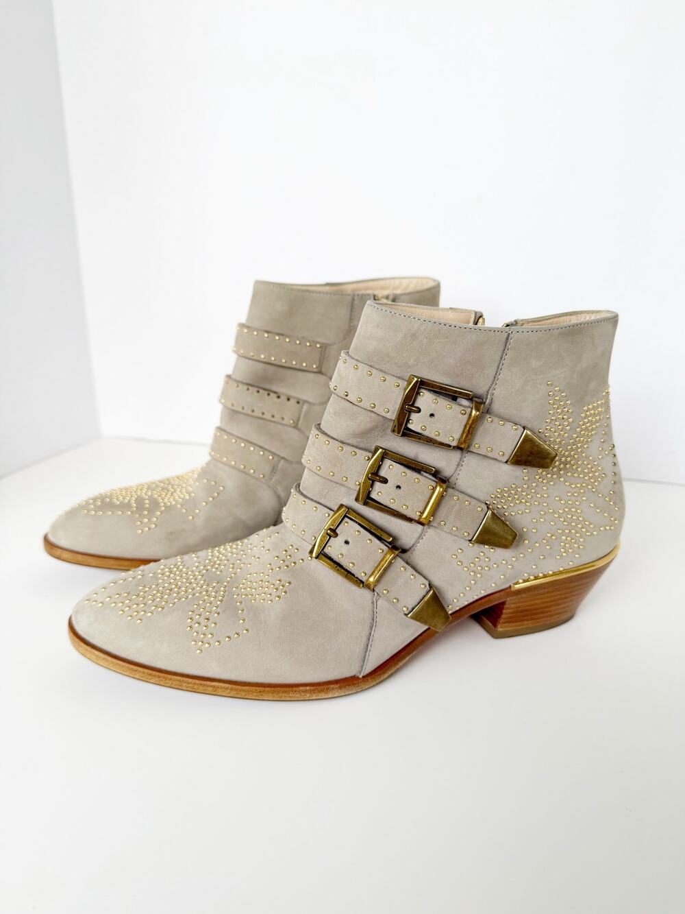 Chloé Susanna Studded Ankle Boots Neutral Beige/Grey Suede Soft Leather 39.5